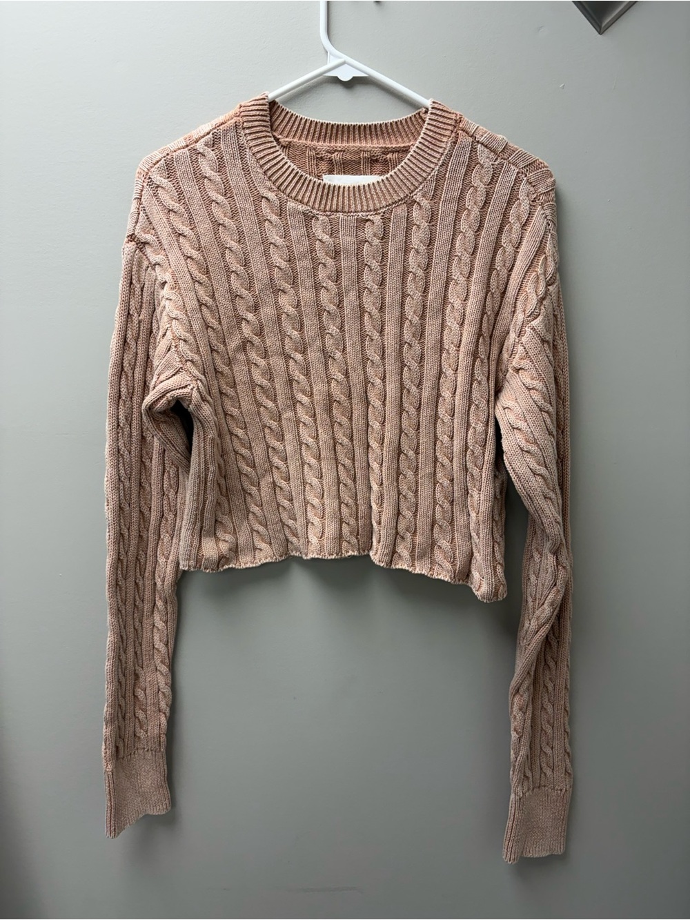 Aerie Women’s Cropped Light Brown Cable Knit Crewneck